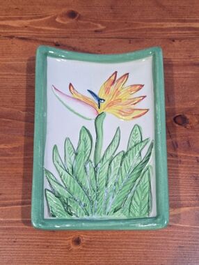 Decorative Green Hand-Painted Ceramic Tray with Tropical Flower